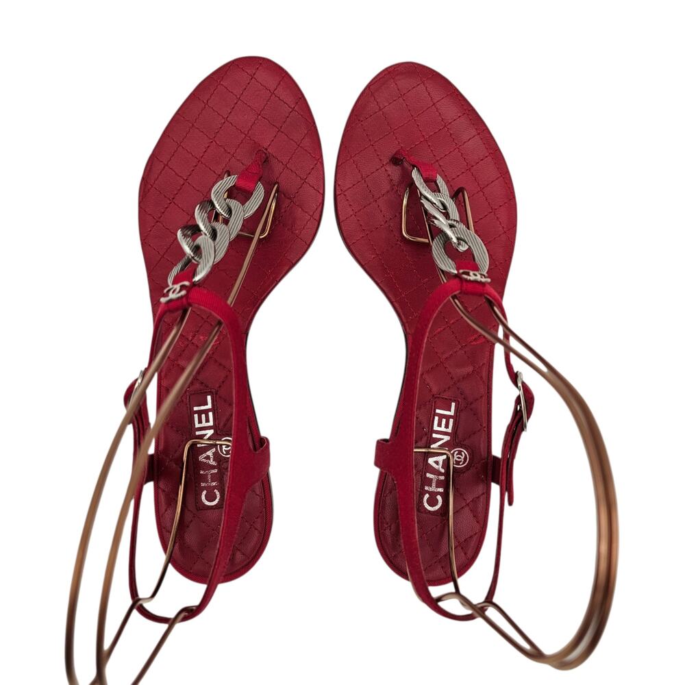 Chanel CC Chain Flat Thong Sandal Quilted Red Leather Silver Size 39 US 8 8.5 - Picture 8 of 12